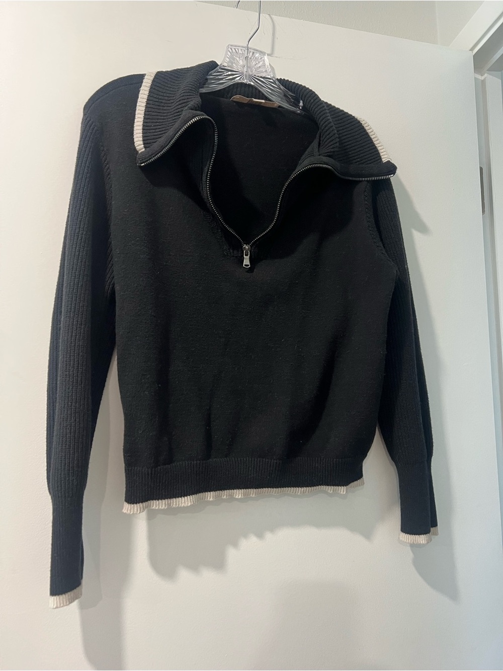 LOFT Black Half-Zip Sweater with Cream Trim